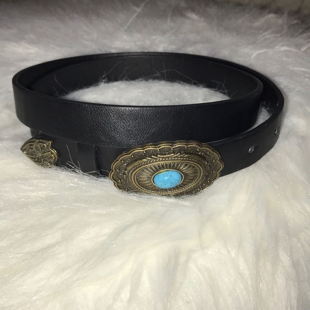 Vegan leather black belt with blue stone buckle - Picture 5 of 5